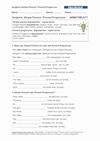 Arbeitsblatt für den Vergleich vom Simple Present und Present Progressive